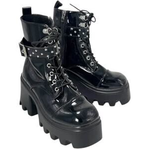 Black Patent Platform Lug Sole Ankle Boots EU 38 Goth Punk Chunky Heel Lace Up